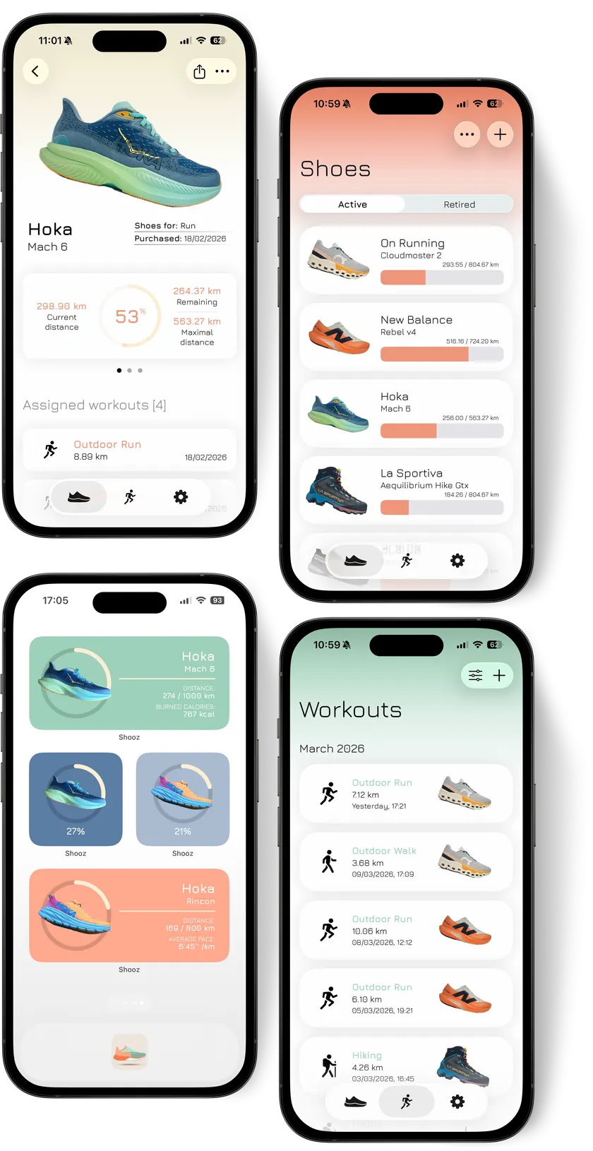 Four SHOOZ iPhone app screens showing statistics, collection, widgets, and workouts