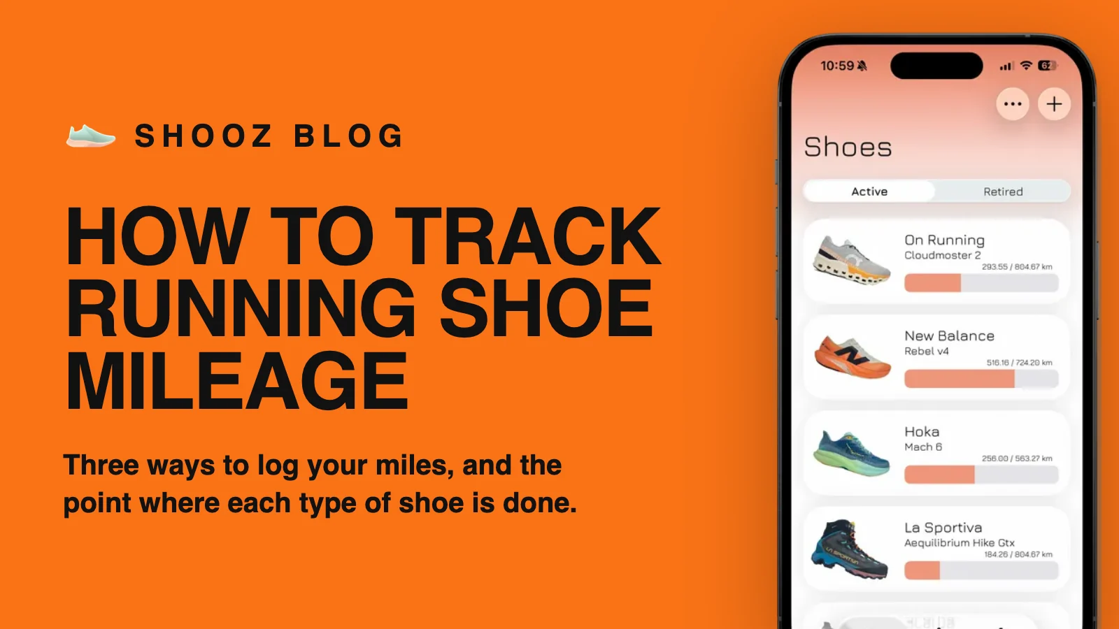 SHOOZ app on an iPhone showing four pairs of running shoes with their mileage
