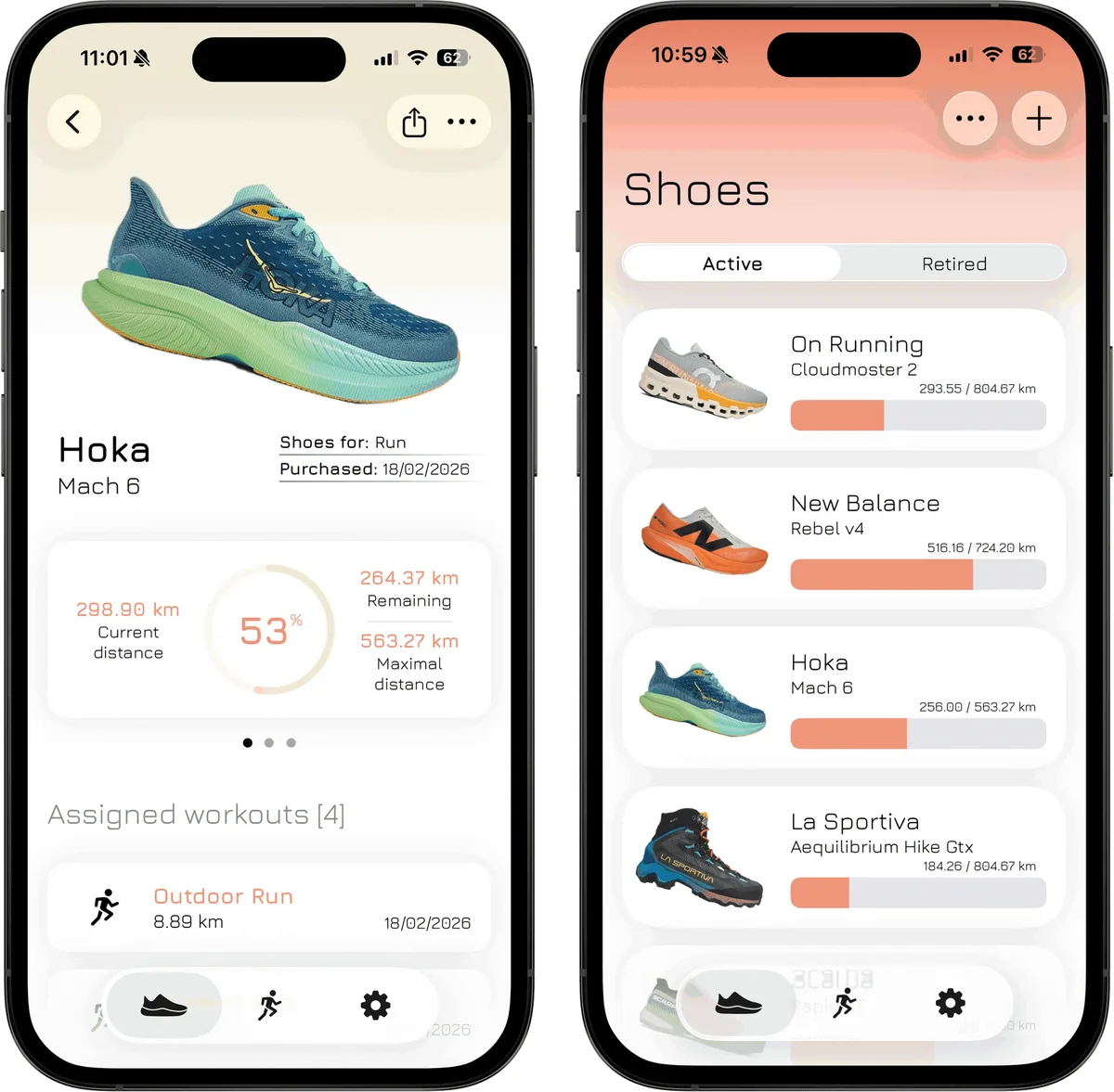 SHOOZ app showing the detail of a Hoka Mach 6 with current and remaining distance, next to a list of running shoes with mileage bars