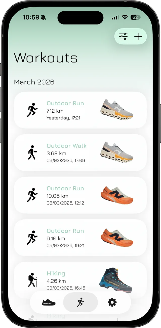 SHOOZ workouts list with runs, a walk and a hike imported from Apple Health, each assigned to a pair of shoes